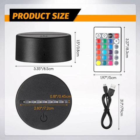 12 Pack 3D Night LED Light Bases With Remote Control, 16 Color RGB LED, USB Powered, 3.35 Inch Size, Black Detail View