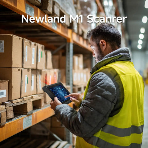 User operating Heavy Duty Rugged Android 14 Tablet With Built In Barcode Scanner 8GB RAM And 128GB Storage in a warehouse aisle.