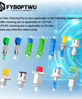 Five fyboptwu fiber optic cleaning pens for LC/MU 1.25mm connectors, green and blue handles.