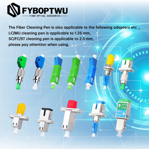 Five fyboptwu fiber optic cleaning pens for LC/MU 1.25mm connectors, green and blue handles.