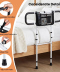 Foldable Bed Rail For Seniors With Adjustable Width And Height, No Fuss Carry Bag Included, Safety Belt And Two Handles, Easy Install Bed Safety Rail For Beds Up To 136 Kilograms, White; shown with soft-padded handles, hook and loop fasteners, safety pins, and anti-slip foot pads.