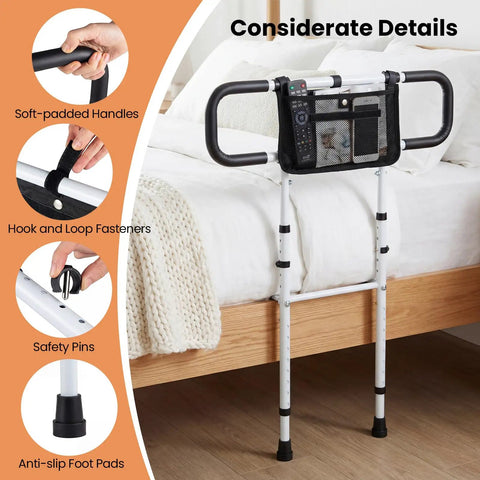 Foldable Bed Rail For Seniors With Adjustable Width And Height, No Fuss Carry Bag Included, Safety Belt And Two Handles, Easy Install Bed Safety Rail For Beds Up To 136 Kilograms, White; shown with soft-padded handles, hook and loop fasteners, safety pins, and anti-slip foot pads.