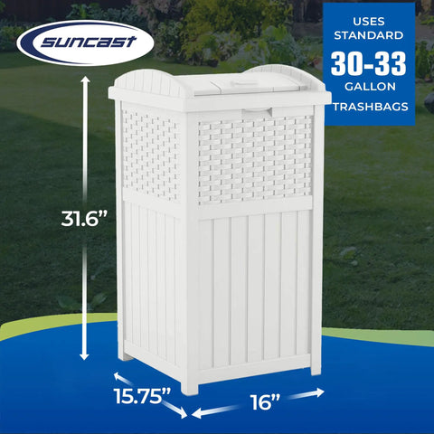Hideaway Outdoor Trash Can With Lid 30 Gallon White Decorative Wicker Style Bin Made From Weather Resistant Resin That Hides Trash