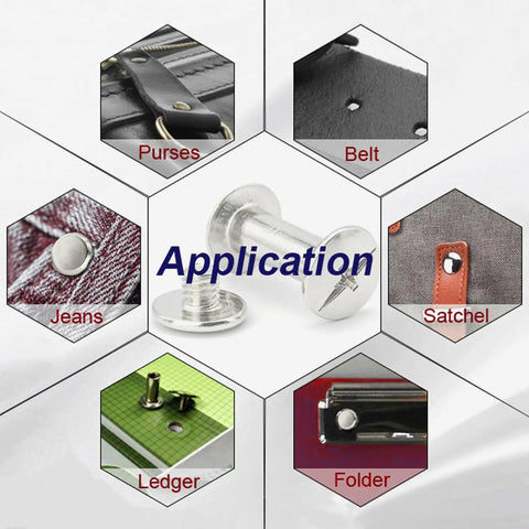 Applications of Gunmetal Black M5 Leather Chicago Screws Set for belts, purses, jeans, satchels, ledgers, and folders.