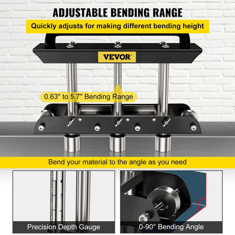 Three Station Edge Roller Bender for Sheet Metal Fabrication, showing adjustable bending range 0.63-5.7 in, with gauge and controls