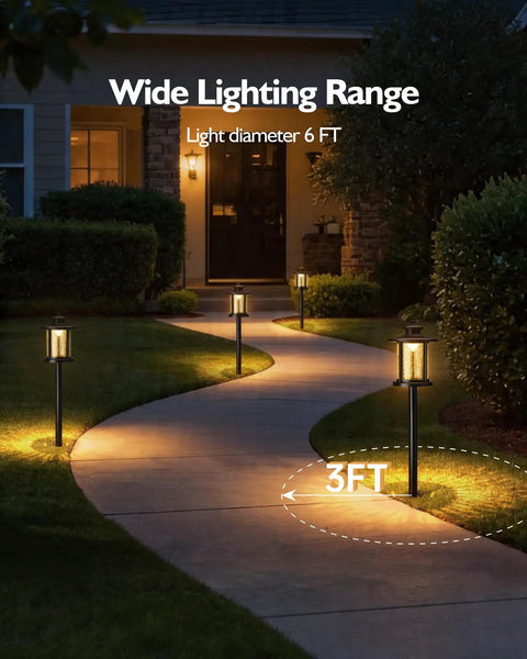 Sweet Low Voltage Outdoor Pathway Lighting Kit 12V 3000K Warm LED Walkway Lights illuminating garden path with crackled glass orbs.