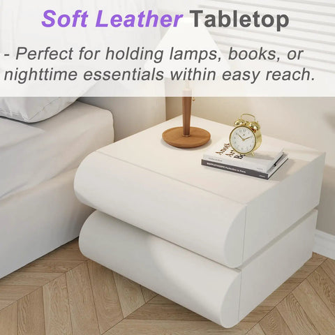 Modern leather upholstered nightstand with roomy desktop space and two wooden drawers for easy storage.