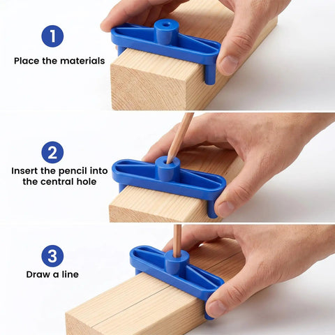 Rock Solid Magnetic Center Finder Tool For Woodworkers Needing Dead On Drill Layouts With Durable ABS Construction And Killer Precision Throughout Every Project in use, showing steps for layout on wood with pencil.