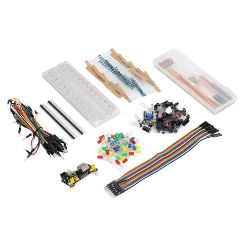 Massive Electronics Component Kit With 400 Plus Pieces Starter Pack USB Cable And Power Module Clear Labeled Storage Box Plug And Play Breadboard Ready 830 Tie Point Ideal For Arduino R3 Projects displayed with components spread out.