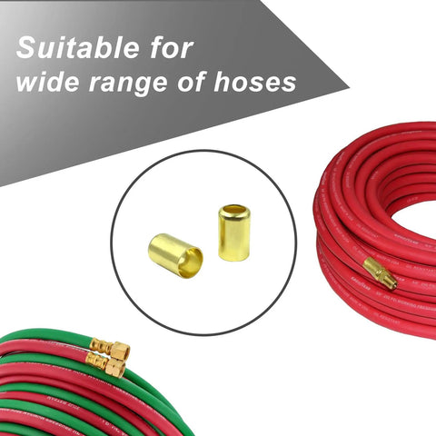 Hose Ferrules Brass Fittings Pro Grade 0.625 Inch ID By 1 Inch Long For Air And Acetylene Hoses 25 Pack shown with coiled hoses