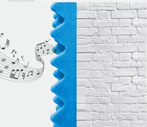 High Density Sound Proofing Foam Panels With Reliable Self Adhesive Back For Studio Home Office Noise Killer Fire Resistant Acoustic Tiles beside a wall.