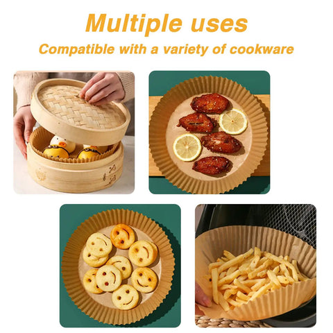 Go-To 6.5 Inch Round Air Fryer Paper Liners, 100 Pack Nonstick Parchment Paper used for various foods and cookware