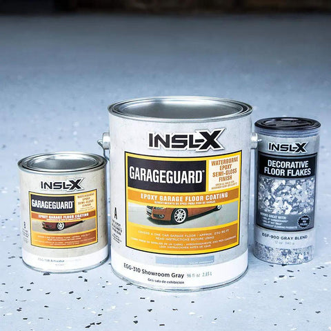 Catalyzed Epoxy Garage Floor Paint Kit, Waterbased Semi Gloss Finish, 1 Gallon, Showroom Gray displayed with additional components.