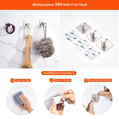 Four-Piece Brushed Nickel Bathroom Hardware Set With 16-Inch Hand Towel Bar Toilet Paper Holder And Two No-Drill Adhesive Towel Hooks