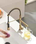 AIMADI Brushed Gold Kitchen Faucet with Pull Down Sprayer, double nozzle design, washing vegetables in modern kitchen sink.