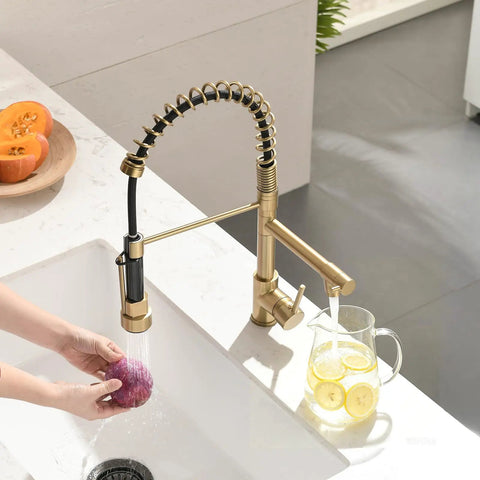 AIMADI Brushed Gold Kitchen Faucet with Pull Down Sprayer, double nozzle design, washing vegetables in modern kitchen sink.