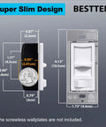 Ultra Slim Dimmable Light Switch Six Pack For LED CFL Halogen And Incandescent Bulbs Single Pole Or 3 Way ETL Listed White Easy Install And Smooth Brightness Control For Any Room, dimensions with coin reference.