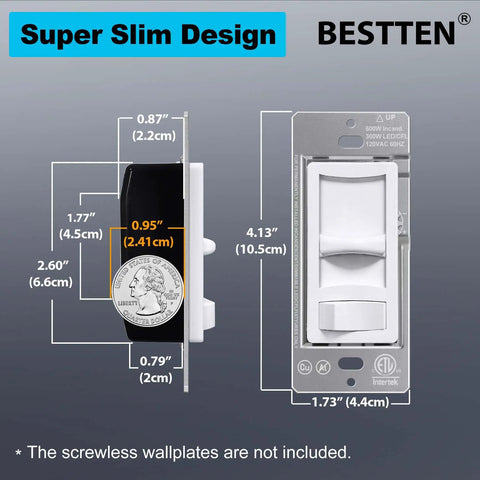 Ultra Slim Dimmable Light Switch Six Pack For LED CFL Halogen And Incandescent Bulbs Single Pole Or 3 Way ETL Listed White Easy Install And Smooth Brightness Control For Any Room, dimensions with coin reference.