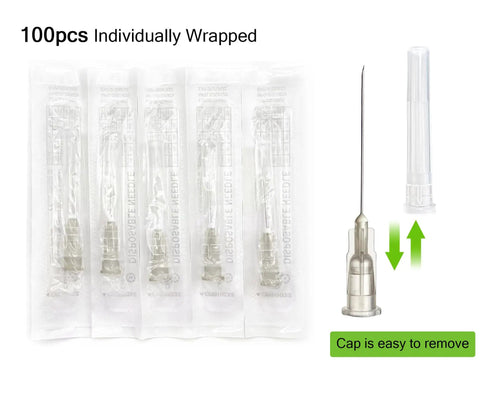 100 Pack 27G 1.5 Inch Luer Lock Needles For Ink Refilling, Stainless Steel And Plastic, Individually Packed, Pro Grade For Lab Work, Industrial Use, And Plant Cultivation, wrapped needles with removable cap