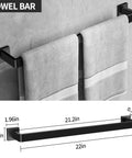 All In One 5 Piece Matte Black Stainless Steel Bathroom Hardware Set wall mounted towel bar holding towels, dimensions shown