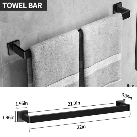 All In One 5 Piece Matte Black Stainless Steel Bathroom Hardware Set wall mounted towel bar holding towels, dimensions shown