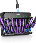 POWXS 8-slot AA battery charger with eight AA batteries, USB-C powered, front view