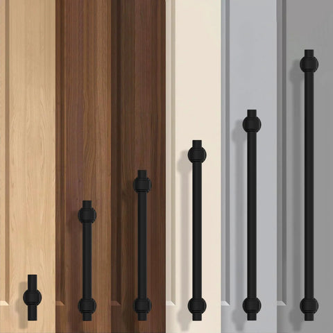 10 Pack 5 Inch Matte Black Cabinet Pulls For Kitchen Cabinets And Drawers Durable Aluminum And Zinc Alloy Hardware CK0081 displayed on cabinets