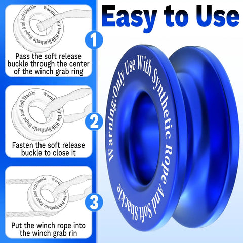Heavy Duty Winch Snatch Recovery Ring For Off Road Recovery, Premium 7075 Aluminum Alloy, High Break Strength Snatch Block Ring, Rust Resistant And Durable Gear For Tow Ropes, Winches, And Recovery, blue ring with soft shackle setup