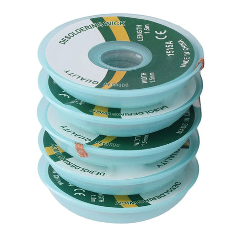 Stack of Five Pack Solder Wick 1.5mm By 1.5m Copper Alloy Desoldering Wick Braid spools for electronics repair.