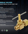 Brass 1/4 in compression x 1/8 in MIP straight needle valve with T-handle, lead-free (side view)