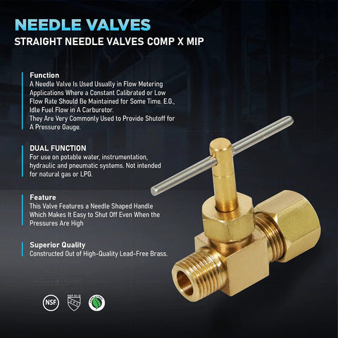 Brass 1/4 in compression x 1/8 in MIP straight needle valve with T-handle, lead-free (side view)