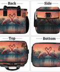 Front, side, top, and bottom view of insulated picnic backpack with flamingo design, 12x8.7x10 inch interior