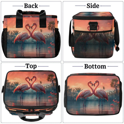 Front, side, top, and bottom view of insulated picnic backpack with flamingo design, 12x8.7x10 inch interior