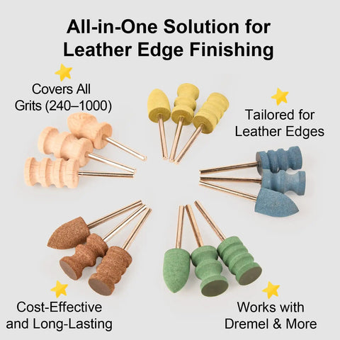 Leather Edge Burnishing Bits Set, 15 Piece Pro Grade Complete Bundle For Fast Edge Finishing On Leather, image showing sanding bits.