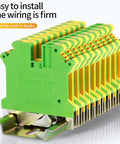 DIN Rail Ground Terminal Block With Screw Clamp For 600V 30A Electrical Wiring, pack of 20 stacked on rail, green-yellow