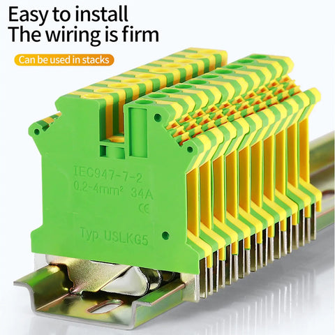 DIN Rail Ground Terminal Block With Screw Clamp For 600V 30A Electrical Wiring, pack of 20 stacked on rail, green-yellow