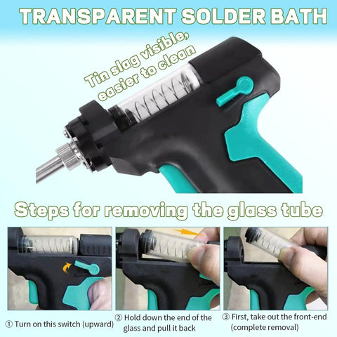 Electric Solder Sucker Gun With LCD Desolder Station, showing transparent solder bath and glass tube removal steps.