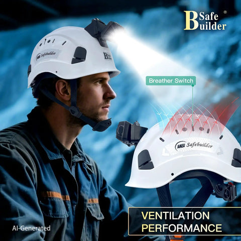 Person wearing Built In Headlamp For CR06 And CR08 Hard Hats Hands Free Safety Helmet Light Rechargeable LED Work Lamp Helmet Mount Headlamp On Job Site For Construction And Industrial Use, showing side profile with helmet light on in a construction setting.