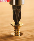 Close-up of screwdriver driving a zinc yellow plated screw into wood, part of 50pc 5.0 x 50mm Pozi Countersunk Wood Screws Set