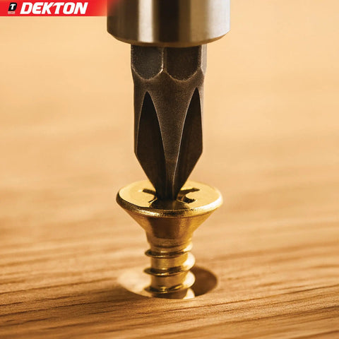 Close-up of screwdriver driving a zinc yellow plated screw into wood, part of 50pc 5.0 x 50mm Pozi Countersunk Wood Screws Set