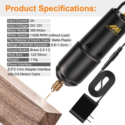 Pro Grade Electric Resin Drill Set with Pin Vise Mini Hand Drill Kit and 10 Pieces Twist Drill Bits 0.8 to 1.2 mm