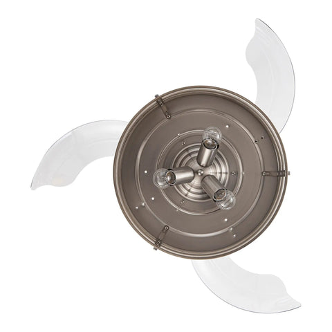 Top view of Retractable 36 Inch Ceiling Fan With Lights And Remote In Brushed Nickel, depicting clear blades and light fixture detail.