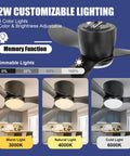 22W customizable lighting feature on 52 Inch Black Flush Mount Ceiling Fan With Remote And Light Kit, variable LED colors.