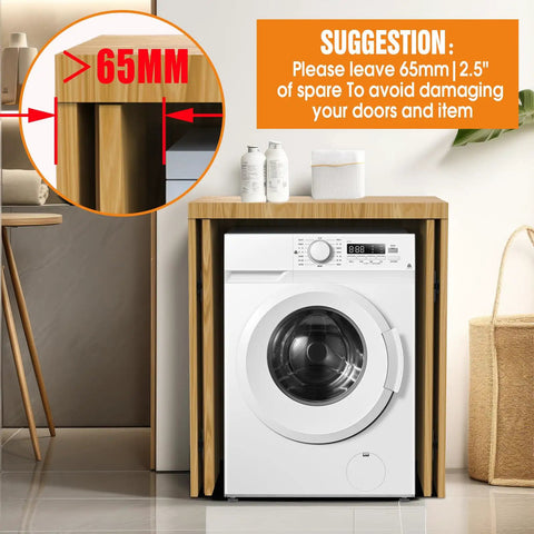 Close-up of a washing machine in a cabinet showing 65mm clearance suggestion for 12 Inch Pocket Door Slide System 2 Pack Cabinet Conversion Hardware Kit.