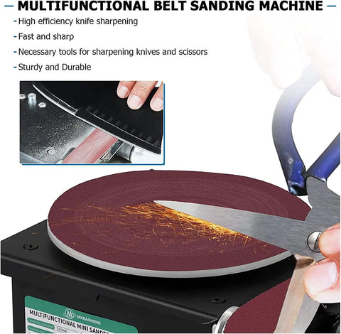Upgrade Your Workshop With This Awesome 6-Inch Mini Disc Sander Bench Grinder Polisher Machine Fast 7-Speed Control sharpening scissors on the sander.