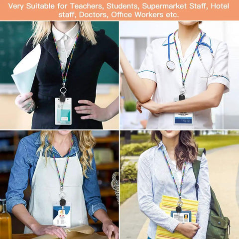 Various professionals wearing Rainbow Crystal Lanyard For ID Card Holder 34.8 Inch All Around Bling Necklace Strap With Silicone Diamond Badge Reel For Women Luxury Lanyard And Badge Chain Sparkle Everyday Accessory