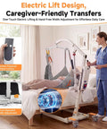 2-in-1 Electric Patient Lift For Seniors With 420 Lbs Capacity in use with intuitive hand control, showing caregiver assistance.