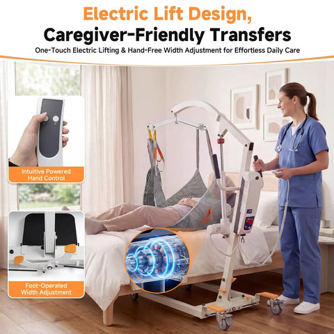 2-in-1 Electric Patient Lift For Seniors With 420 Lbs Capacity in use with intuitive hand control, showing caregiver assistance.
