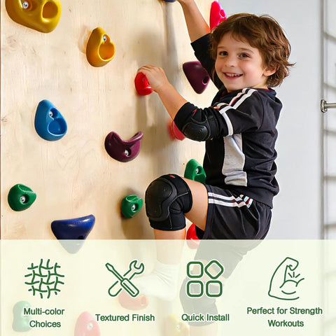 Child climbing colorful holds on wall from 32 Piece Rock Climbing Holds Set For Kids And Adults, Kid Friendly Colorful Plastic Wall Grips Kit