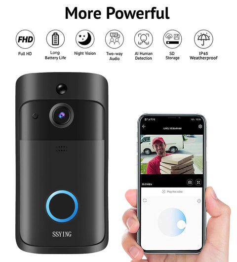Smart Video Doorbell Camera HD 2.4GHz WiFi with phone app showing remote viewing and motion detection alerts.